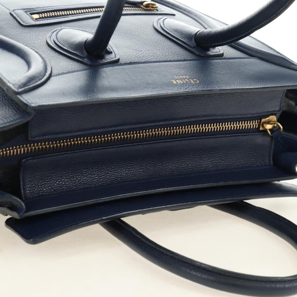 CELINE Luggage Micro Shopper Hand Bag Leather Navy Gold Auth 184734V