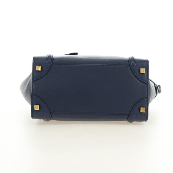 CELINE Luggage Micro Shopper Hand Bag Leather Navy Gold Auth 184734V