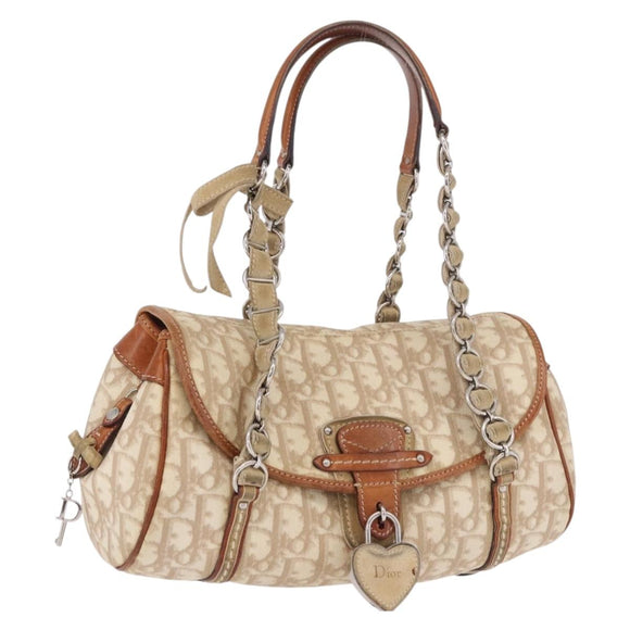 Christian Dior Trotter Canvas Romantic Chain Hand Bag Ivory Silver Auth 184735A