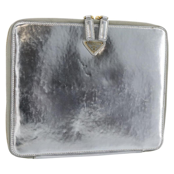 PRADA Clutch Bag Patent leather Silver Gold Auth 184773