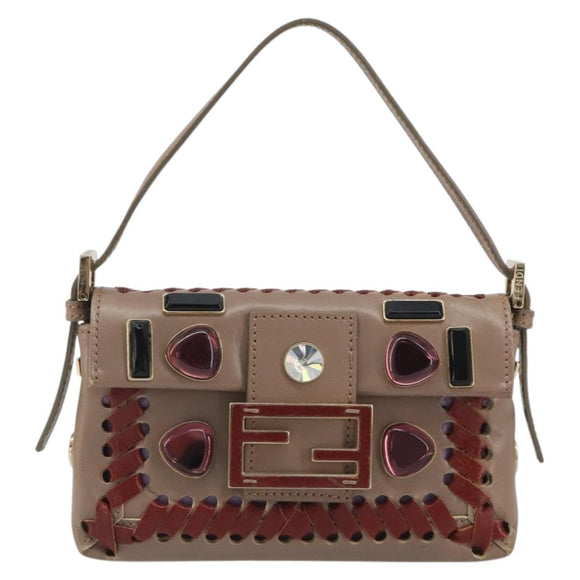 FENDI Jeweled Mini Stitch Baguette Pouch Leather Purple Gold Auth 184775A