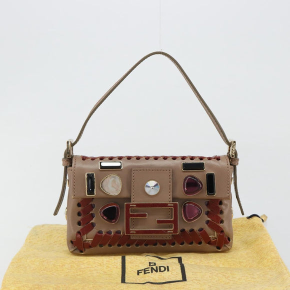 FENDI Jeweled Mini Stitch Baguette Pouch Leather Purple Gold Auth 184775A