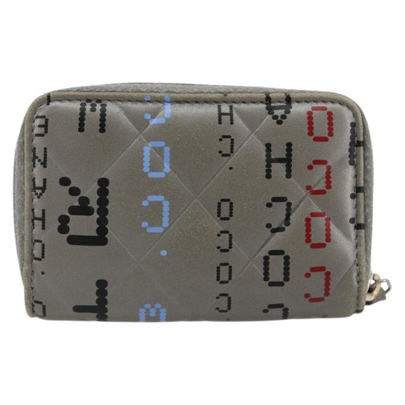 CHANEL Matelasse Typography Coin Purse Lamb Skin Gray Silver CC Auth 184786A