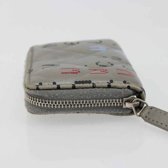 CHANEL Matelasse Typography Coin Purse Lamb Skin Gray Silver CC Auth 184786A