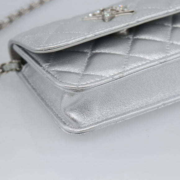 CHANEL Matelasse Chain Shoulder Bag Lamb Skin Silver CC Auth 184788SAM