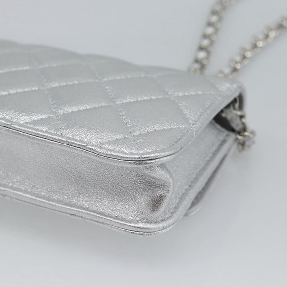 CHANEL Matelasse Chain Shoulder Bag Lamb Skin Silver CC Auth 184788SAM