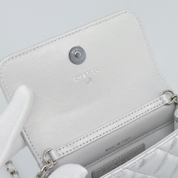 CHANEL Matelasse Chain Shoulder Bag Lamb Skin Silver CC Auth 184788SAM