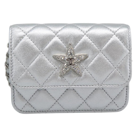 CHANEL Matelasse Chain Shoulder Bag Lamb Skin Silver CC Auth 184788SAM