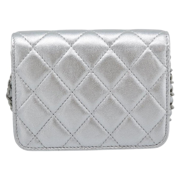 CHANEL Matelasse Chain Shoulder Bag Lamb Skin Silver CC Auth 184788SAM