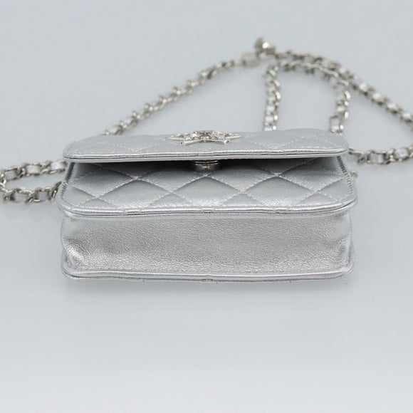 CHANEL Matelasse Chain Shoulder Bag Lamb Skin Silver CC Auth 184788SAM