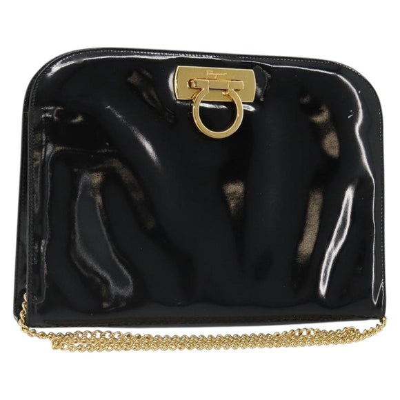Salvatore Ferragamo Gancini Chain Bag Patent leather Black Gold Auth 184797