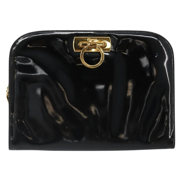 Salvatore Ferragamo Gancini Chain Bag Patent leather Black Gold Auth 184797