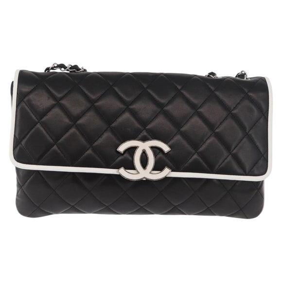 CHANEL Chain Matelasse Shoulder Bag Lamb Skin Black Silver CC Auth 184814SAV