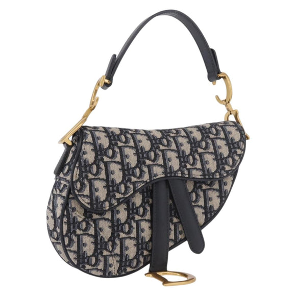 Christian Dior Trotter Canvas Saddle Shoulder Bag Navy Gold Auth 184816SAM
