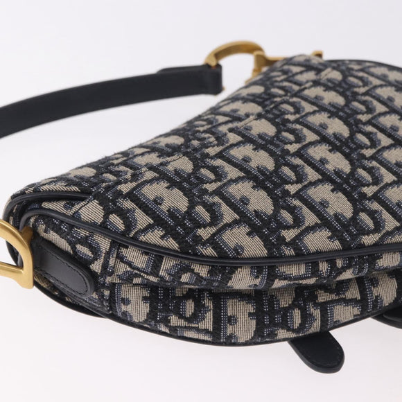Christian Dior Trotter Canvas Saddle Shoulder Bag Navy Gold Auth 184816SAM
