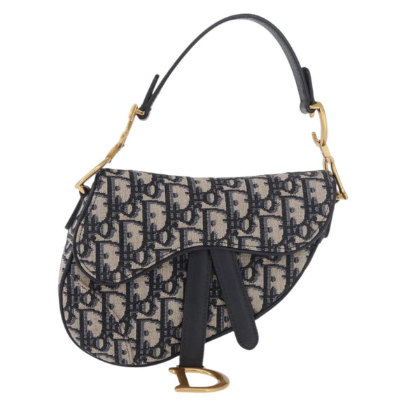 Christian Dior Trotter Canvas Saddle Shoulder Bag Navy Gold Auth 184816SAM