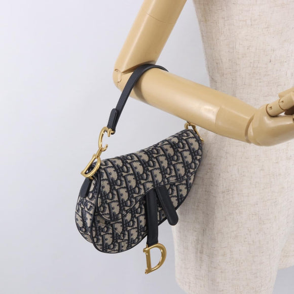 Christian Dior Trotter Canvas Saddle Shoulder Bag Navy Gold Auth 184816SAM