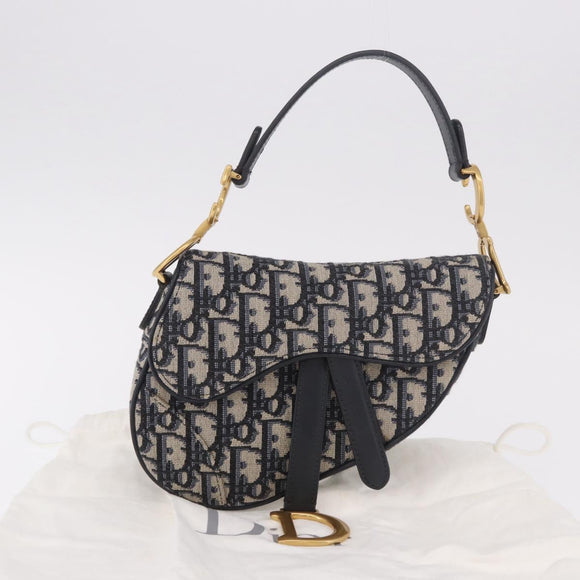 Christian Dior Trotter Canvas Saddle Shoulder Bag Navy Gold Auth 184816SAM