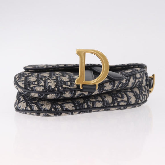 Christian Dior Trotter Canvas Saddle Shoulder Bag Navy Gold Auth 184816SAM