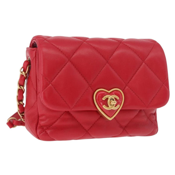 CHANEL Mini Matelasse 17 Chain Shoulder Bag Lamb Skin Red Gold CC Auth 184820SM