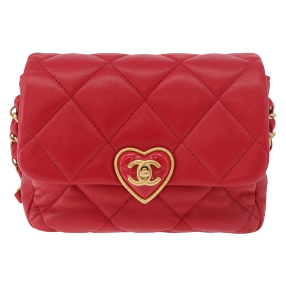 CHANEL Mini Matelasse 17 Chain Shoulder Bag Lamb Skin Red Gold CC Auth 184820SM