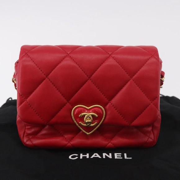 CHANEL Mini Matelasse 17 Chain Shoulder Bag Lamb Skin Red Gold CC Auth 184820SM