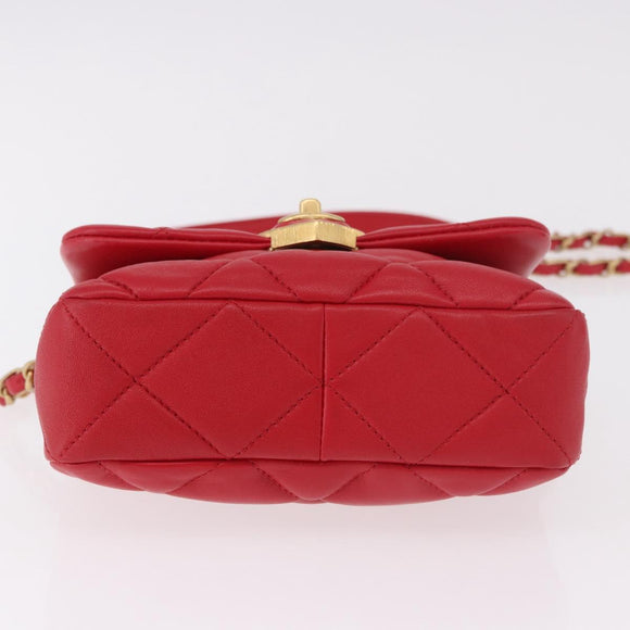 CHANEL Mini Matelasse 17 Chain Shoulder Bag Lamb Skin Red Gold CC Auth 184820SM