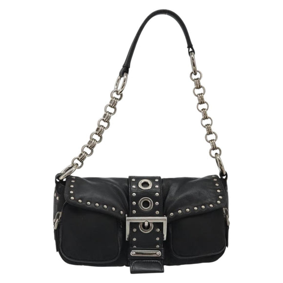 PRADA Chain Shoulder Bag Leather Black Silver Auth 184821V