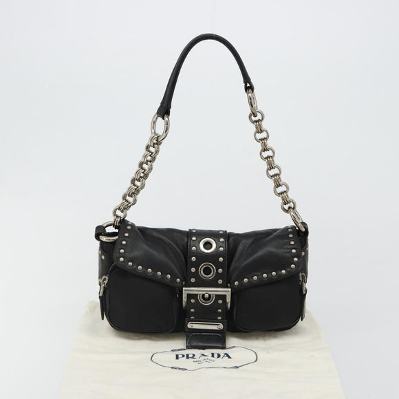 PRADA Chain Shoulder Bag Leather Black Silver Auth 184821V