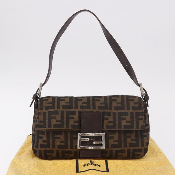 FENDI Zucca Canvas Mamma Baguette Shoulder Bag Black Brown Auth 184826M
