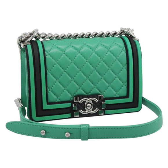 CHANEL Chain Matelasse Boy Chanel Bag Lamb Skin Green Silver CC Auth 184844SM