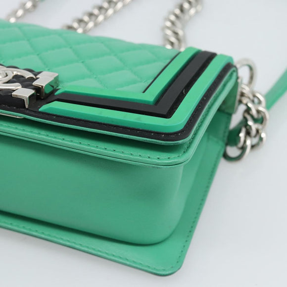 CHANEL Chain Matelasse Boy Chanel Bag Lamb Skin Green Silver CC Auth 184844SM