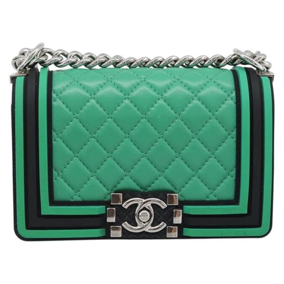 CHANEL Chain Matelasse Boy Chanel Bag Lamb Skin Green Silver CC Auth 184844SM