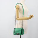 CHANEL Chain Matelasse Boy Chanel Bag Lamb Skin Green Silver CC Auth 184844SM-22