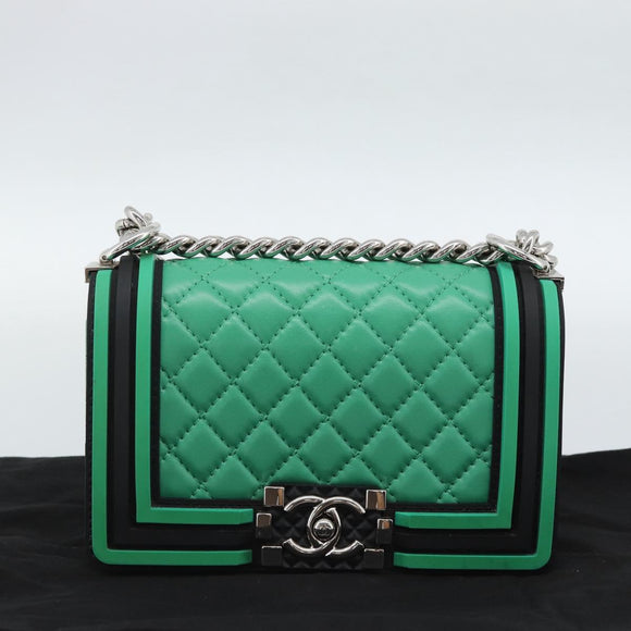 CHANEL Chain Matelasse Boy Chanel Bag Lamb Skin Green Silver CC Auth 184844SM