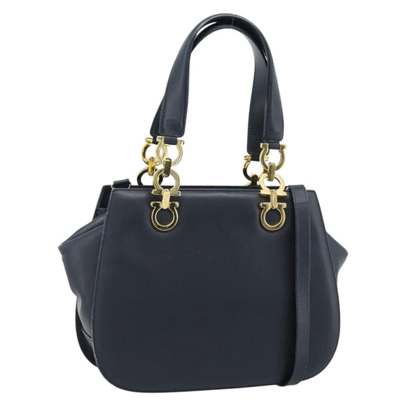 Salvatore Ferragamo Gancini Hand Bag Leather 2way Navy Gold Auth 184864V