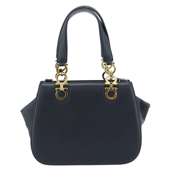 Salvatore Ferragamo Gancini Hand Bag Leather 2way Navy Gold Auth 184864V