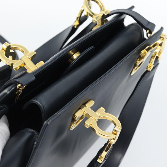 Salvatore Ferragamo Gancini Hand Bag Leather 2way Navy Gold Auth 184864V