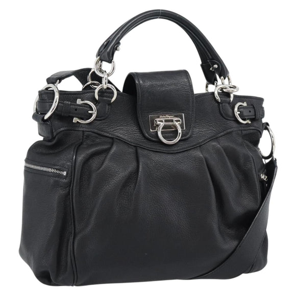 Salvatore Ferragamo Gancini Hand Bag Leather 2way Black Silver Auth 184865V