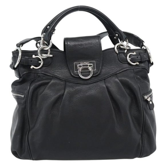 Salvatore Ferragamo Gancini Hand Bag Leather 2way Black Silver Auth 184865V