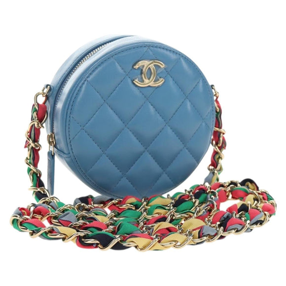 CHANEL Matelasse Chain Shoulder Bag Lamb Skin Light Blue Gold CC Auth 184868SM