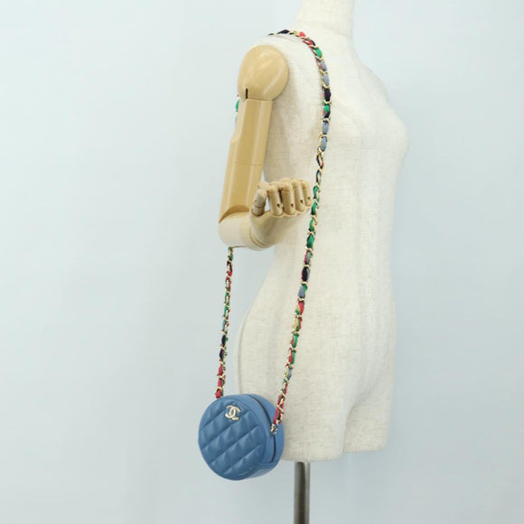 CHANEL Matelasse Chain Shoulder Bag Lamb Skin Light Blue Gold CC Auth 184868SM