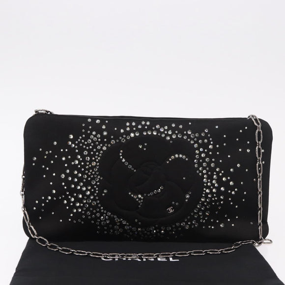 CHANEL Camelia Chain Shoulder Bag Satin Black Silver CC Auth 184869SM