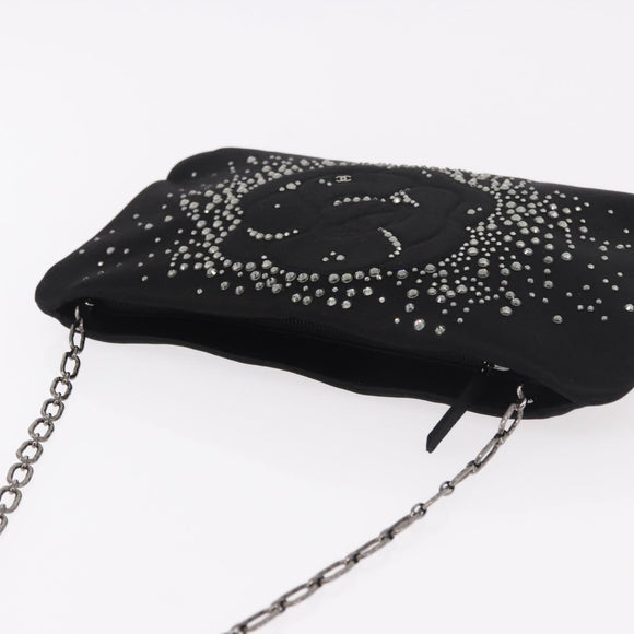 CHANEL Camelia Chain Shoulder Bag Satin Black Silver CC Auth 184869SM