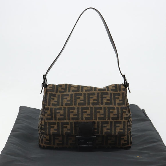 FENDI Zucca Canvas Mamma Baguette Shoulder Bag Black Brown Auth 184903SAM