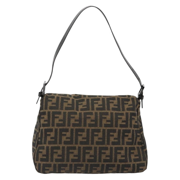 FENDI Zucca Canvas Mamma Baguette Shoulder Bag Black Brown Auth 184903SAM