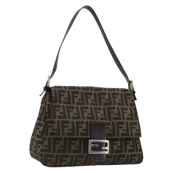 FENDI Zucca Canvas Mamma Baguette Shoulder Bag Black Brown Auth 184905SAM