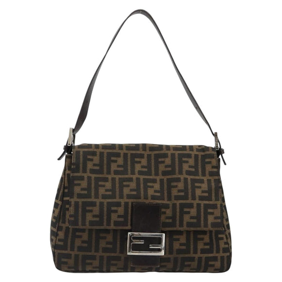 FENDI Zucca Canvas Mamma Baguette Shoulder Bag Black Brown Auth 184905SAM