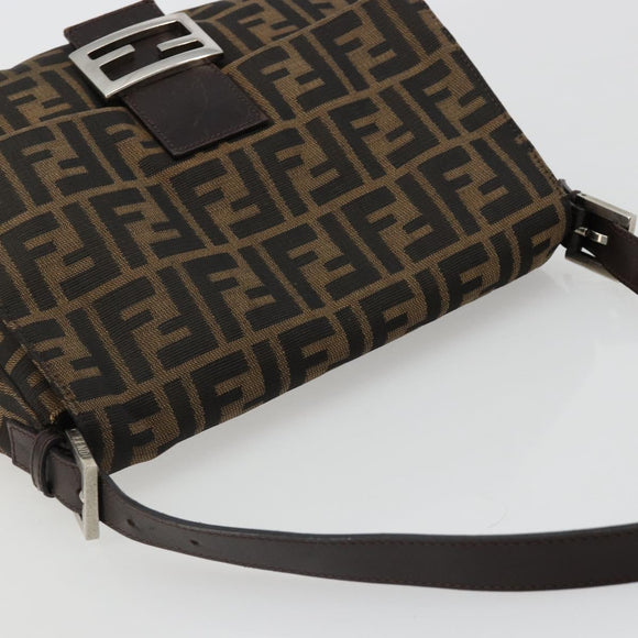 FENDI Zucca Canvas Mamma Baguette Shoulder Bag Black Brown Auth 184905SAM