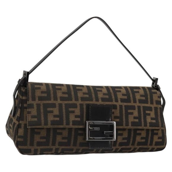 FENDI Zucca Canvas Mamma Baguette Shoulder Bag Black Brown Auth 184907SAM